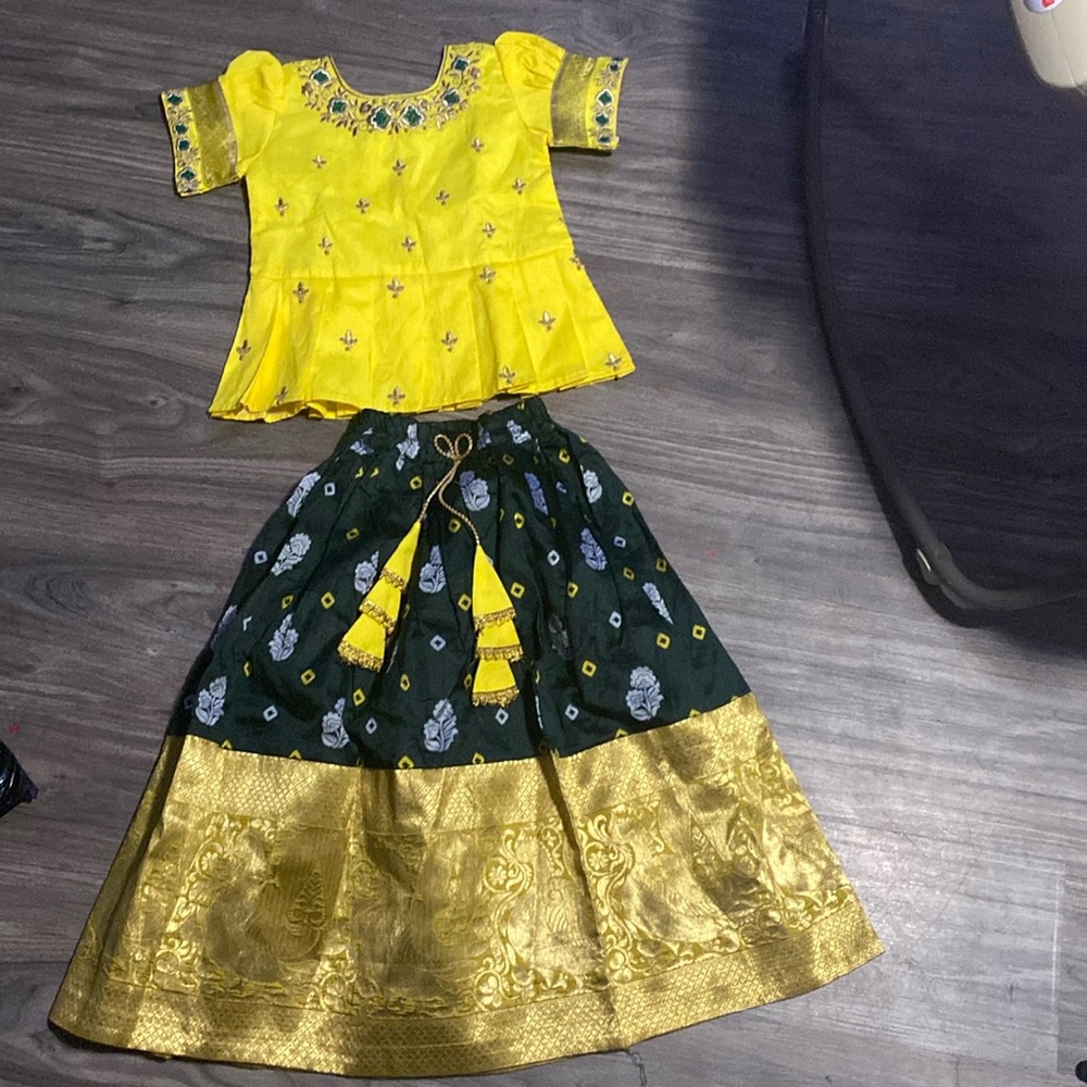 Yellow-Green Art Silk Jecquard South Indian Style Pavdai Pattu Lehenga Choli